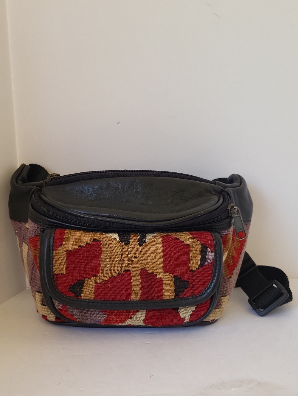 Kilim Wool Woven/ Leather Moroccan Waist Bag